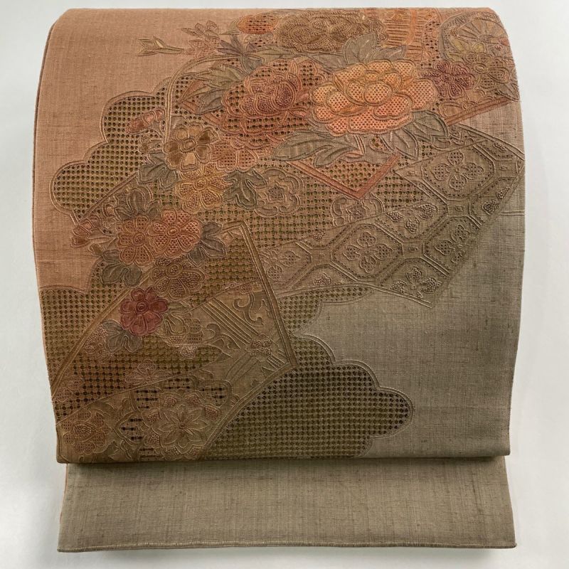 袋帯 秀品 紬地 関西仕立て 扇面 草花 刺繍 茜色 お太鼓柄 正絹