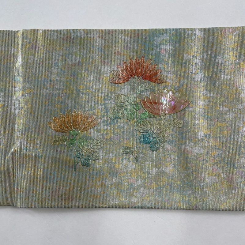 名古屋帯 美品 秀品 菊 螺鈿 箔 銀色 正絹｜中古・古着
