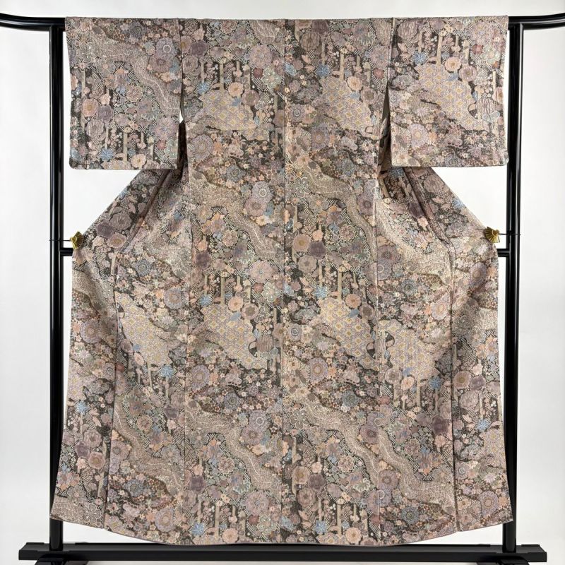 美品】 小紋 身丈154cm 裄丈62cm S 袷 草花 流水 刺繍 絞り 灰紫 正絹