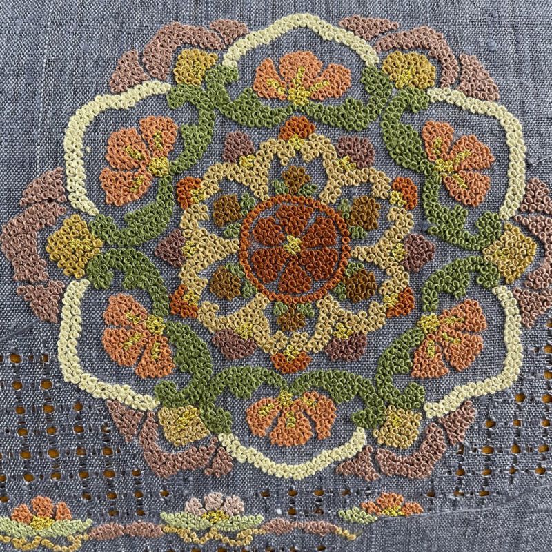 名古屋帯 美品 秀品 紬地 華文 草花 刺繍 金糸 青紫 正絹｜中古