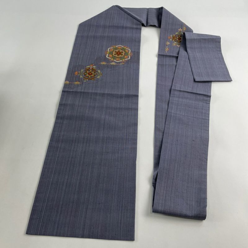 名古屋帯 美品 秀品 紬地 華文 草花 刺繍 金糸 青紫 正絹｜中古
