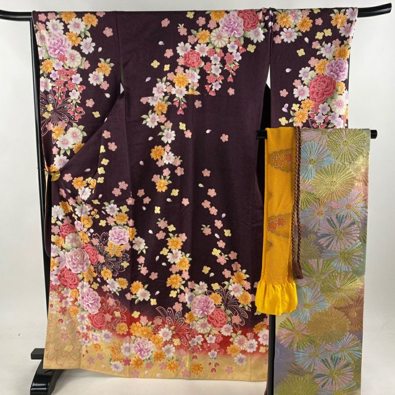 振袖 身丈168.5cm 裄丈68.5cm L 袷 袋帯フルセット やまと 牡丹
