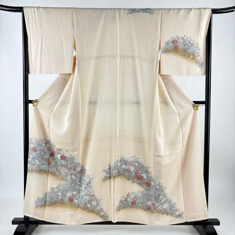 訪問着 身丈157.5cm 裄丈65.5cm M 袷 秋草 刺繍 金彩 薄ピンク