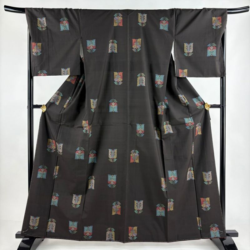 紬 身丈163cm 裄丈68.5cm L 袷 遠州椿 焦茶色 正絹 美品 秀品