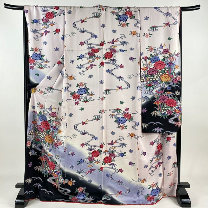 振袖/鼓草花金彩染め分け紫中古美品振袖set/身丈167.5裄丈66.5紫