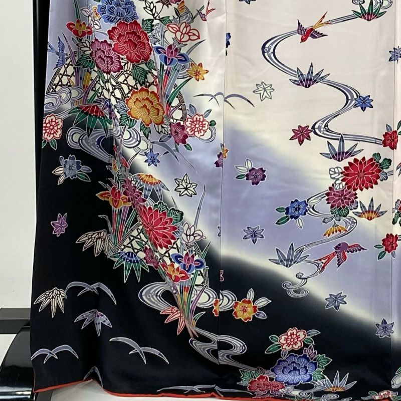 振袖 身丈170cm 裄丈67cm M 袷 草花 鳥 染め分け ぼかし 薄紫