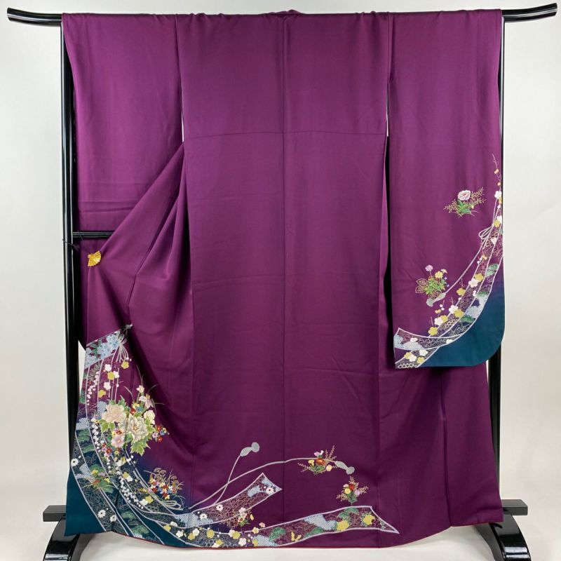 振袖 身丈166cm 裄丈67.5cm L 袷 几帳 草花 刺繍 金糸 濃紫 正絹
