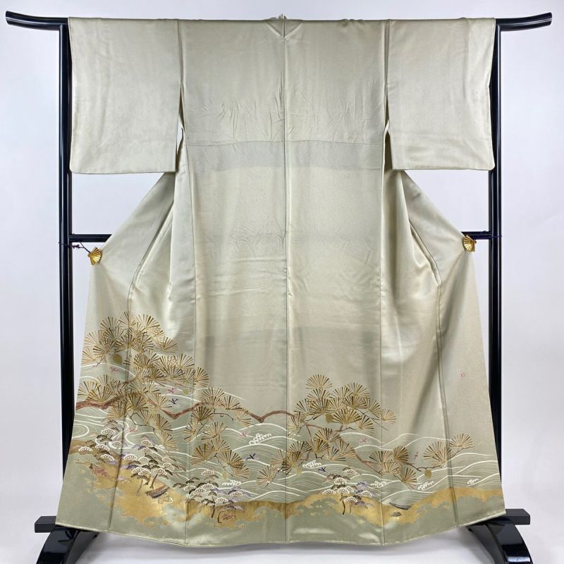 色留袖 身丈162.5cm 裄丈65cm M 袷 落款あり 松 鳥 金彩 灰茶