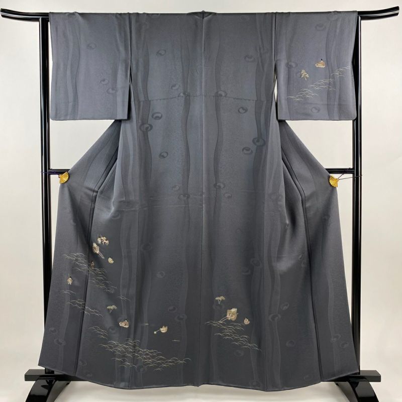 付下げ 身丈163cm 裄丈65.5cm M 袷 横段 草花 墨色 正絹 美品 秀