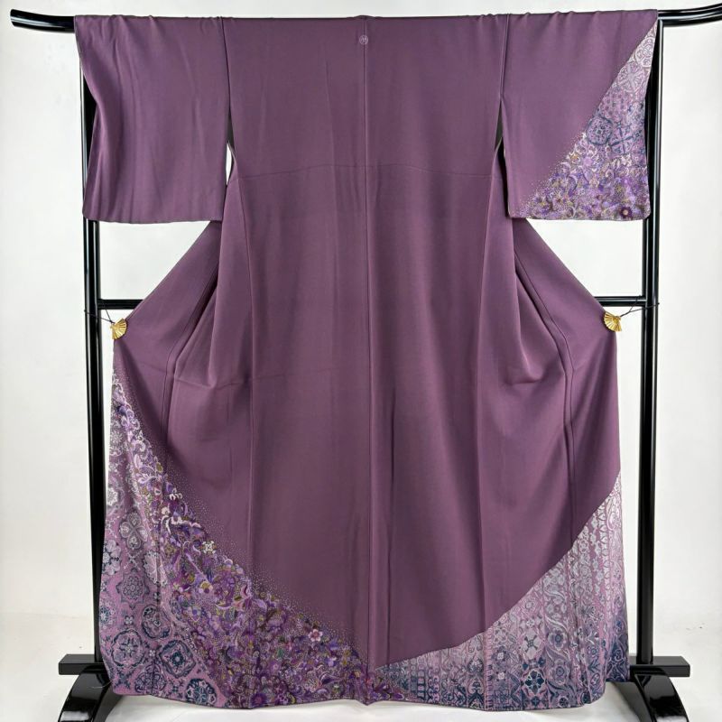 付下げ 身丈165cm 裄丈67cm M 袷 草花 華文 紫 正絹 秀品｜中古