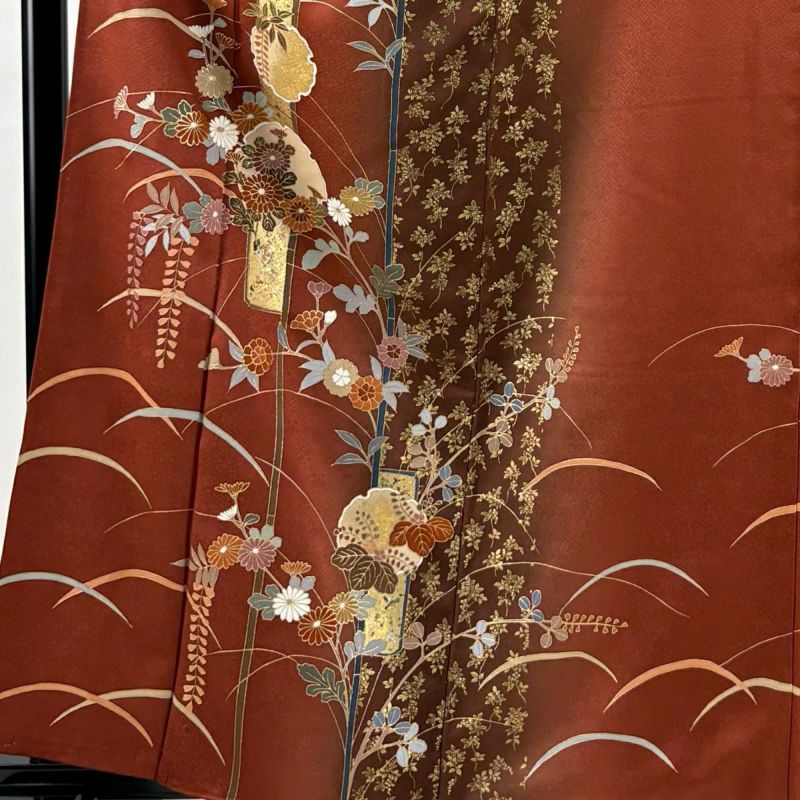 訪問着 身丈160cm 裄丈64cm M 袷 雪輪 菊 金銀彩 赤茶 正絹 秀品