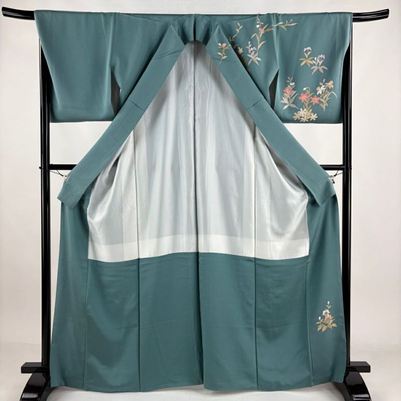 訪問着 身丈165.5cm 裄丈67.5cm L 袷 草花 金彩 ぼかし 青緑