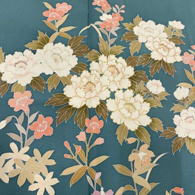 訪問着 身丈165.5cm 裄丈67.5cm L 袷 草花 金彩 ぼかし 青緑