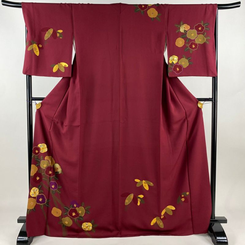 付下げ 身丈170cm 裄丈67.5cm L 袷 椿 金銀彩 赤紫 正絹 秀品