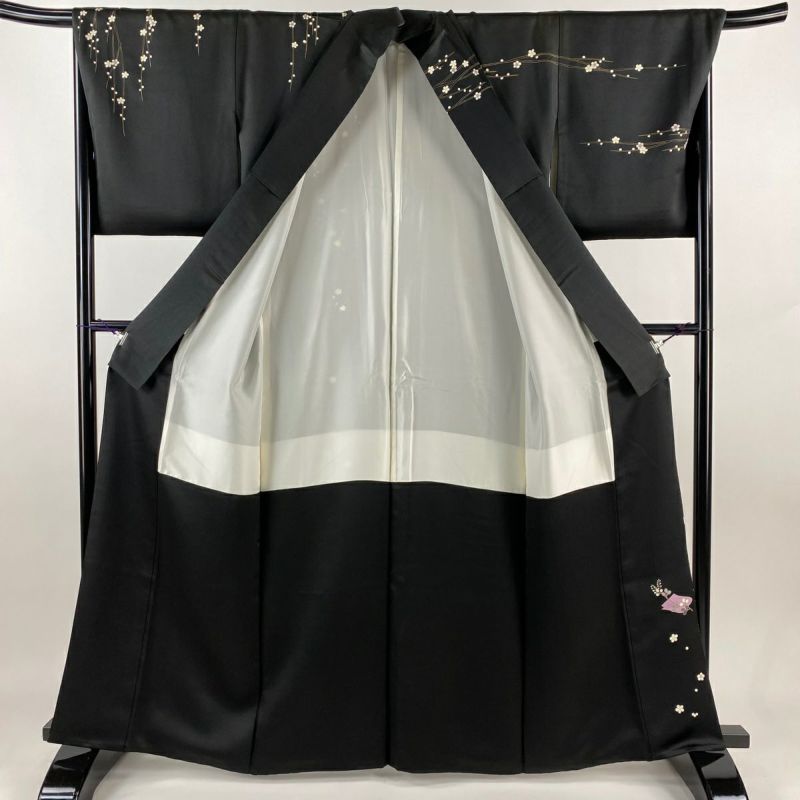 訪問着 身丈164cm 裄丈68cm L 袷 枝梅 波 金彩 黒 正絹 秀品 一