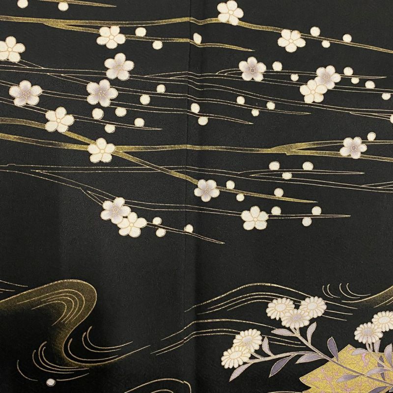 訪問着 身丈164cm 裄丈68cm L 袷 枝梅 波 金彩 黒 正絹 秀品 一