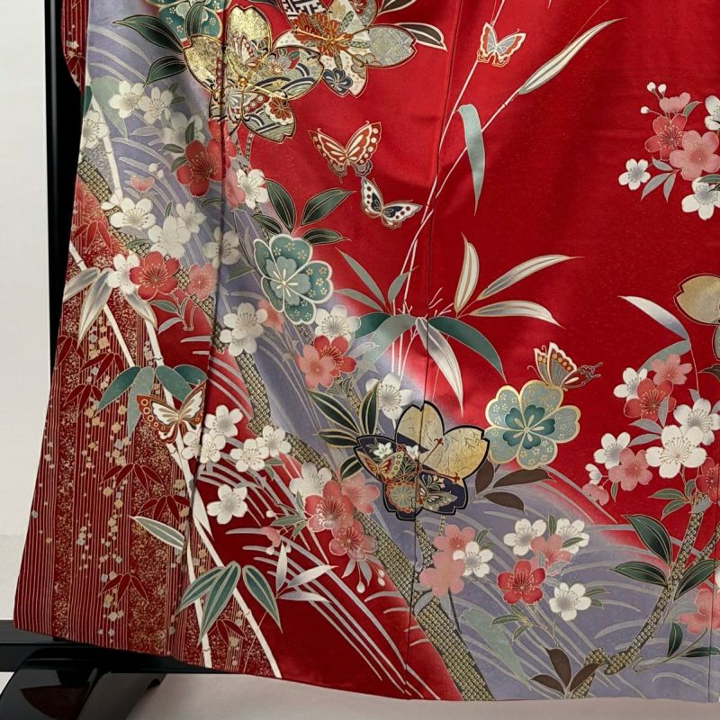 振袖 身丈162cm 裄丈64cm M 袷 草花 蝶 金糸 金銀彩 赤 正絹 秀