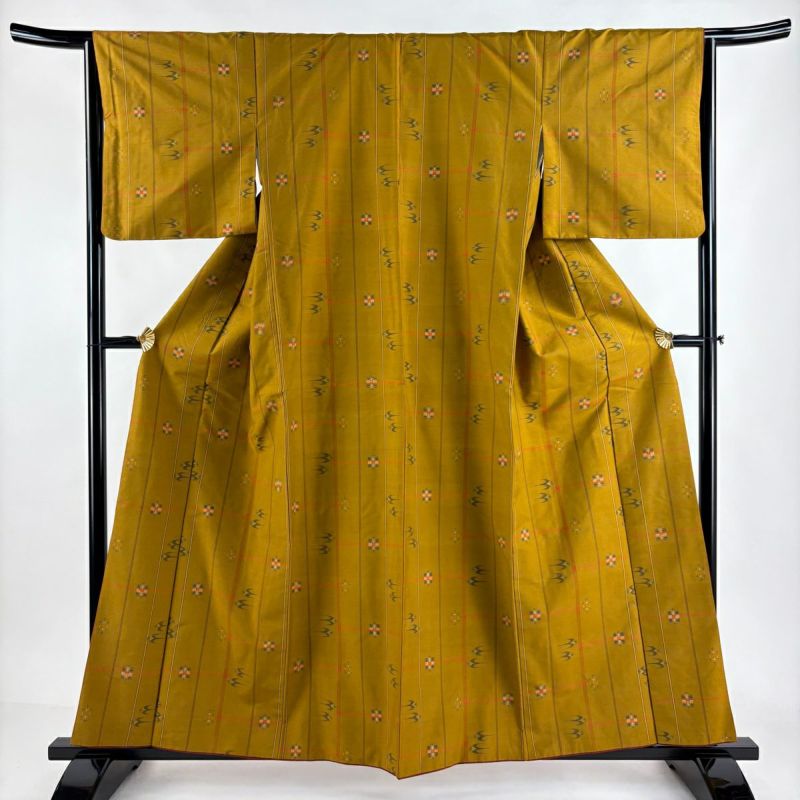 紬 身丈158cm 裄丈64.5cm M 袷 燕 縦縞 山吹茶色 正絹 美品 秀品