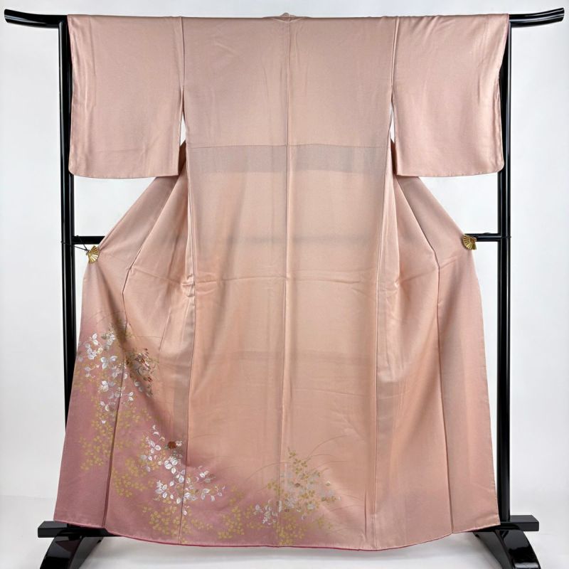 訪問着 身丈159.5cm 裄丈64cm M 袷 扇 草花 刺繍 金銀彩 ピンク