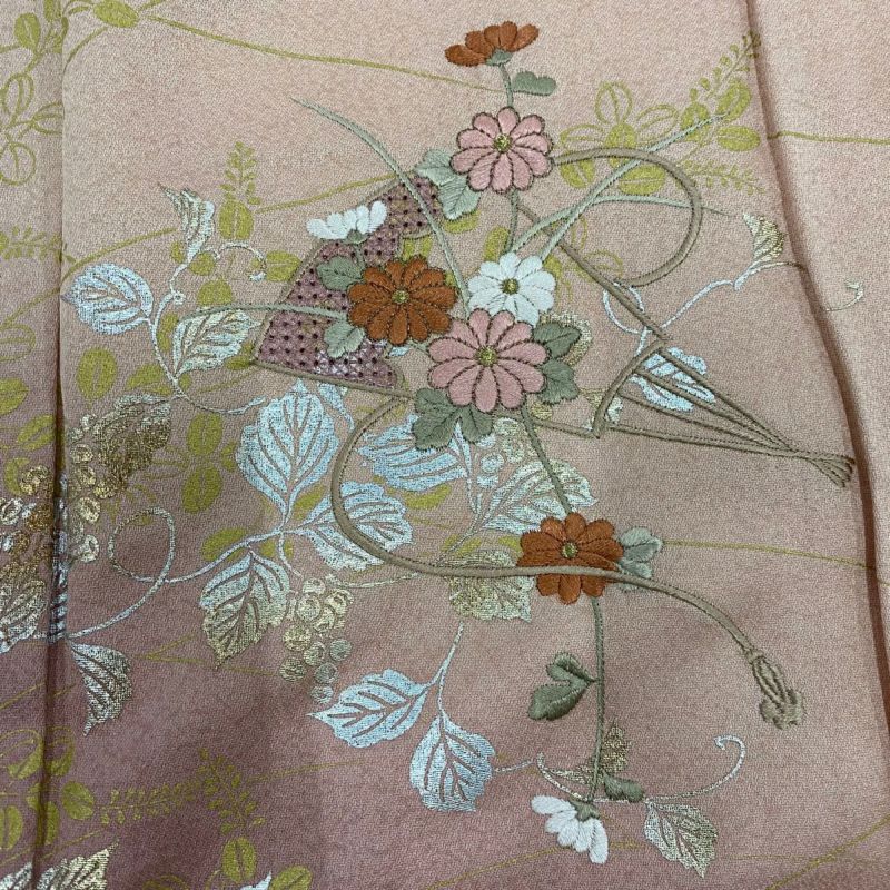 訪問着 身丈159.5cm 裄丈64cm M 袷 扇 草花 刺繍 金銀彩 ピンク