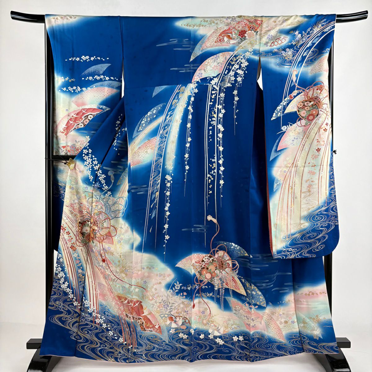 振袖 身丈163cm 裄丈66.5cm M 袷 鼓 花鳥 金糸 金銀彩 青 正絹