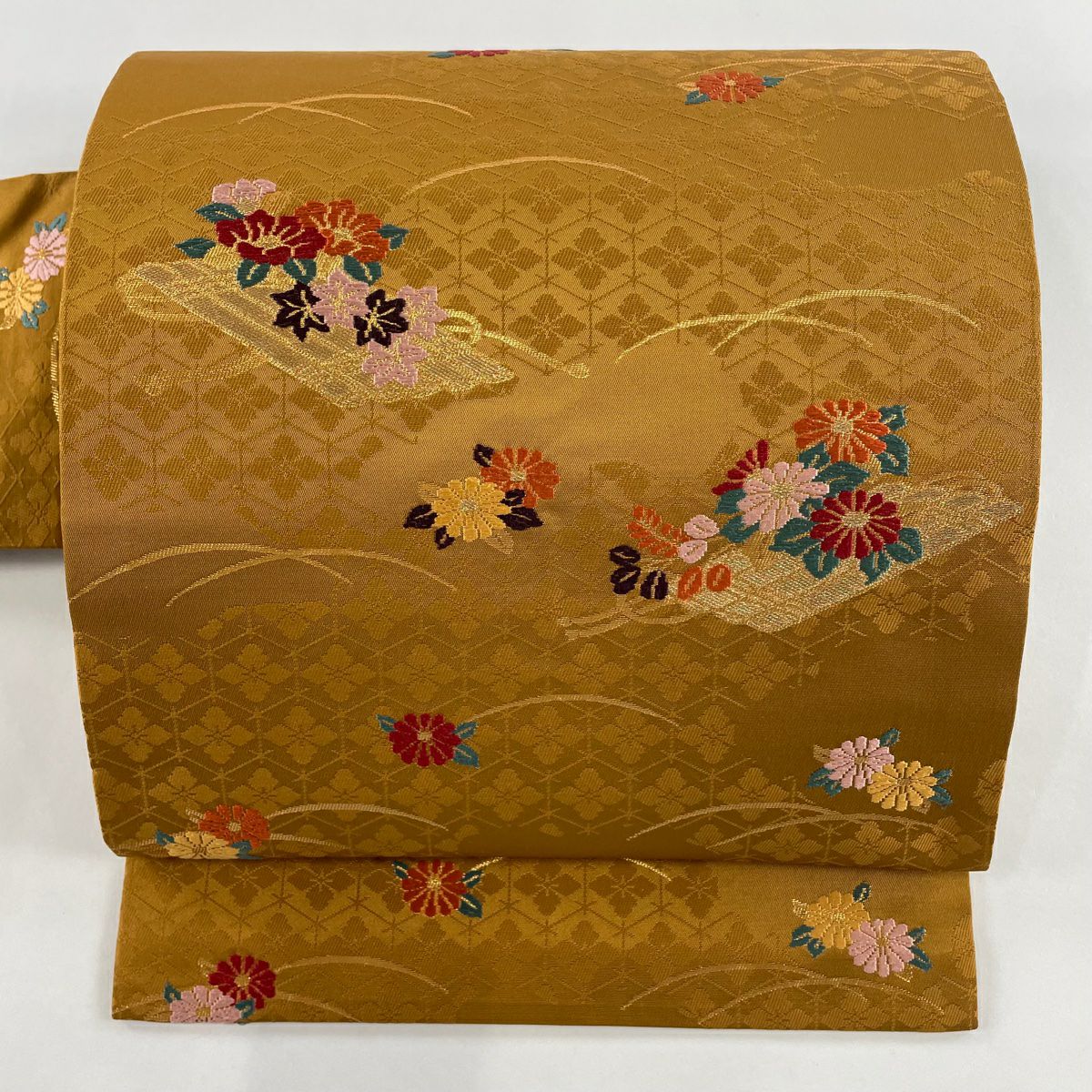 名古屋帯 秀品 夏帯 八寸名古屋帯 幾何学模様 山吹茶色 正絹