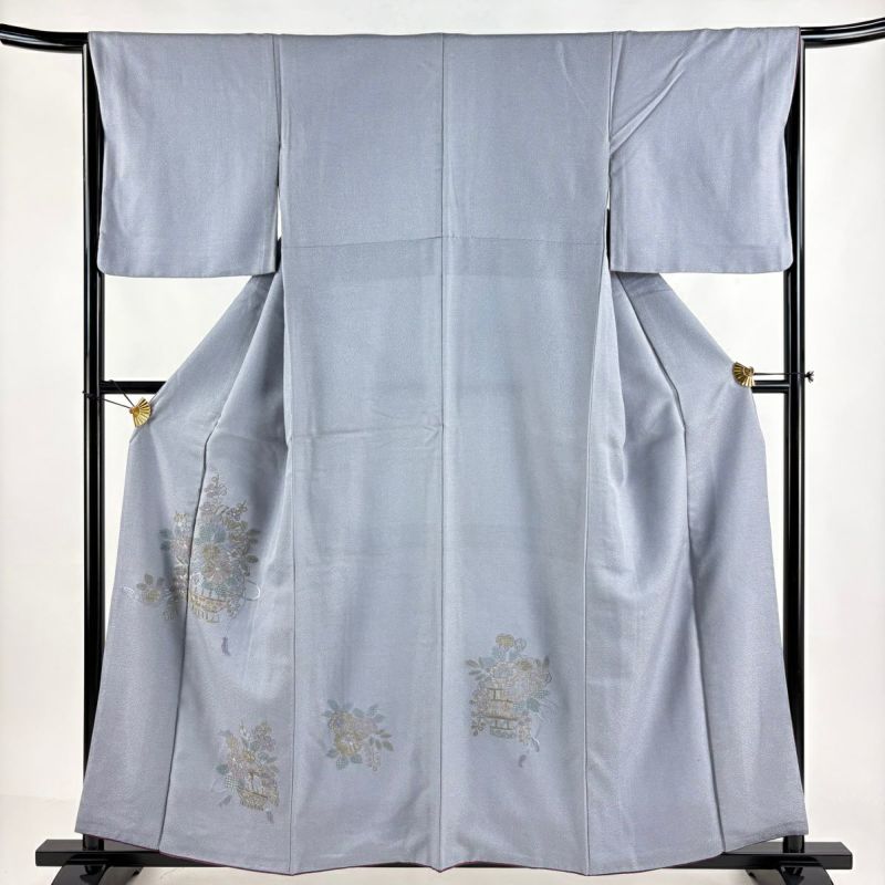 付下げ 身丈157cm 裄丈64.5cm M 袷 花籠 刺繍 金糸 青灰色 正絹