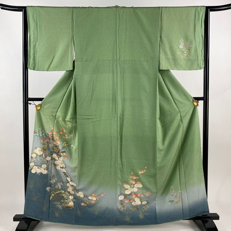 訪問着 身丈161.5cm 裄丈63.5cm S 袷 椿 菊 金彩 ぼかし 薄緑