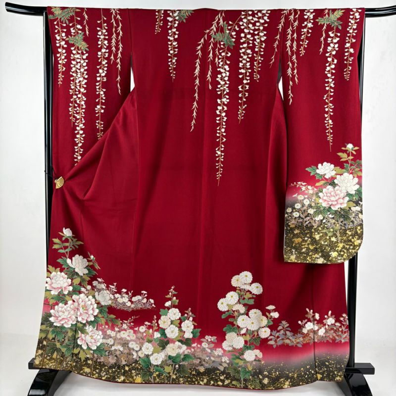振袖 身丈164cm 裄丈66cm M 袷 牡丹 草花 刺繍 金彩 赤 正絹 秀