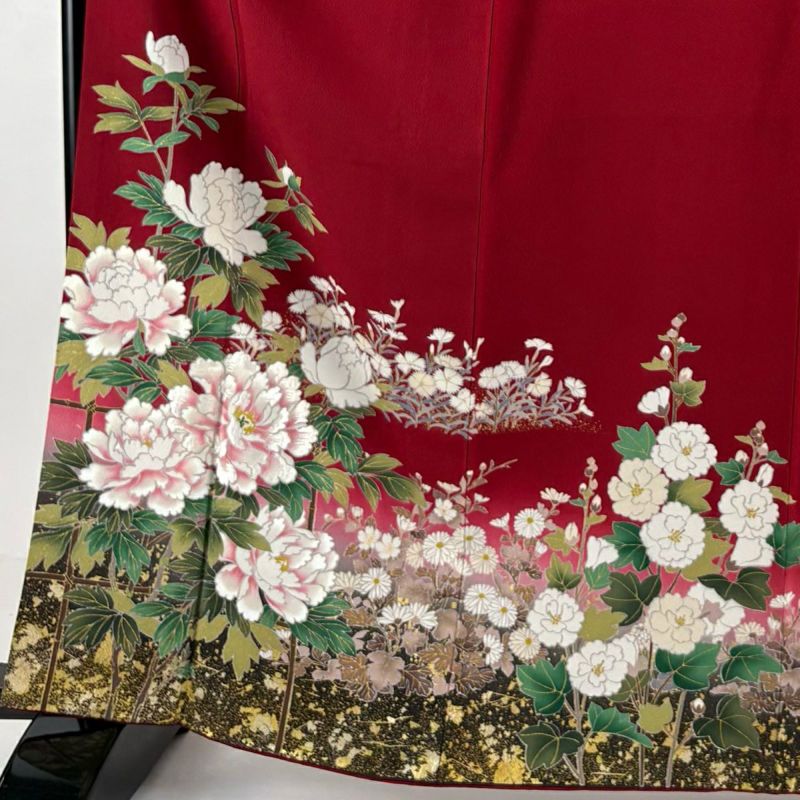 半額ストア 振袖 身丈164cm 裄丈66cm M 袷 牡丹 草花 刺繍 金彩 赤 正絹 秀 着物・浴衣