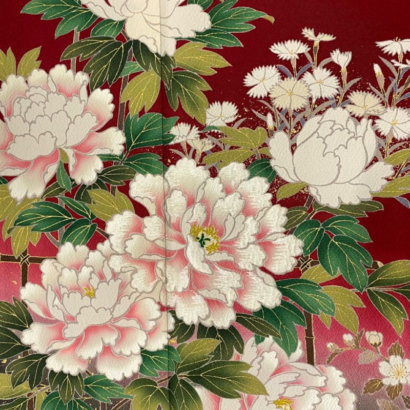 送料無料 通販 ファッション 振袖 身丈164cm 裄丈66cm M 袷 牡丹 草花 刺繍 金彩 赤 正絹 秀 着物・浴衣