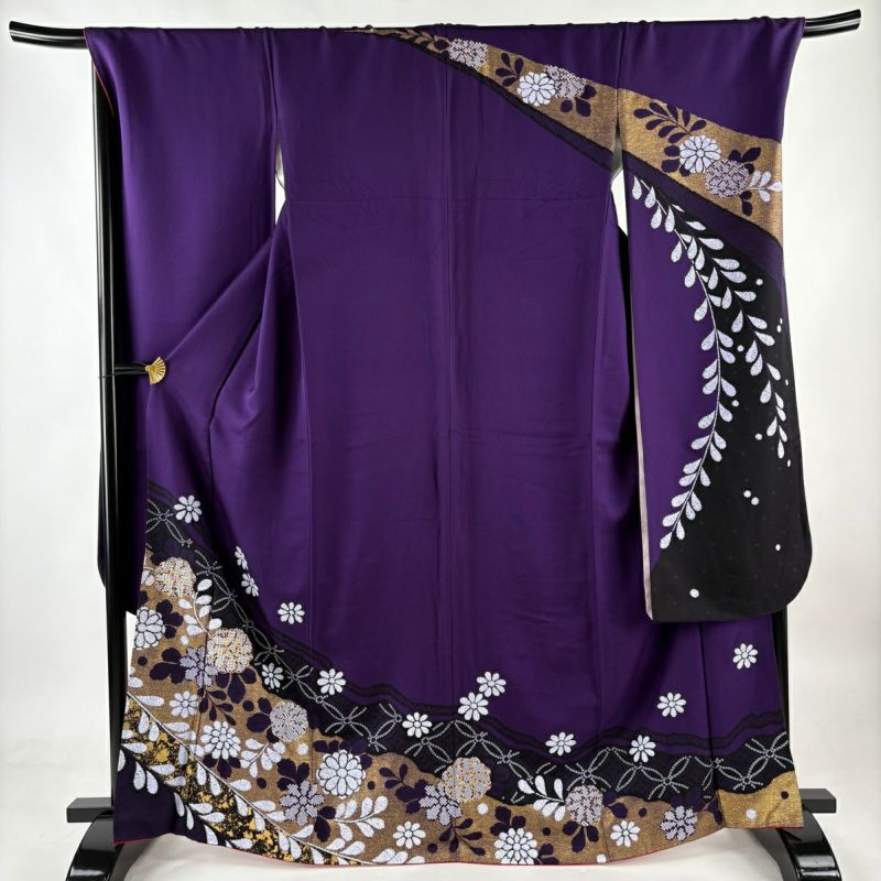 新作商品 振袖 身丈166cm 裄丈71cm L 袷 菊 七宝 金糸 刺繍 紫 正絹 秀品 着物・浴衣