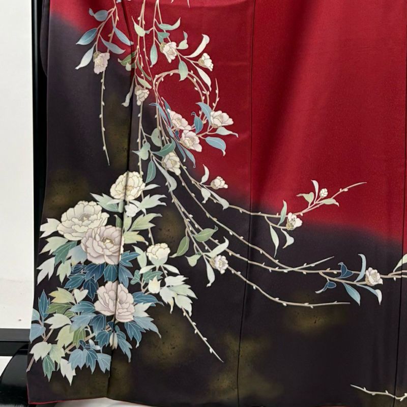 振袖 身丈168.5cm 裄丈67cm M 袷 牡丹 枝花 ぼかし 赤 正絹 秀品