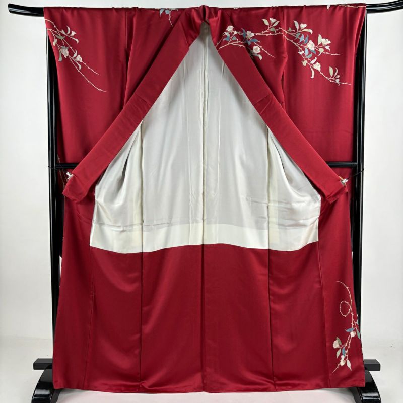 本物の ぼかし 枝花 牡丹 袷 M 裄丈67cm 身丈168.5cm 振袖 赤 秀品 正絹 着物・浴衣