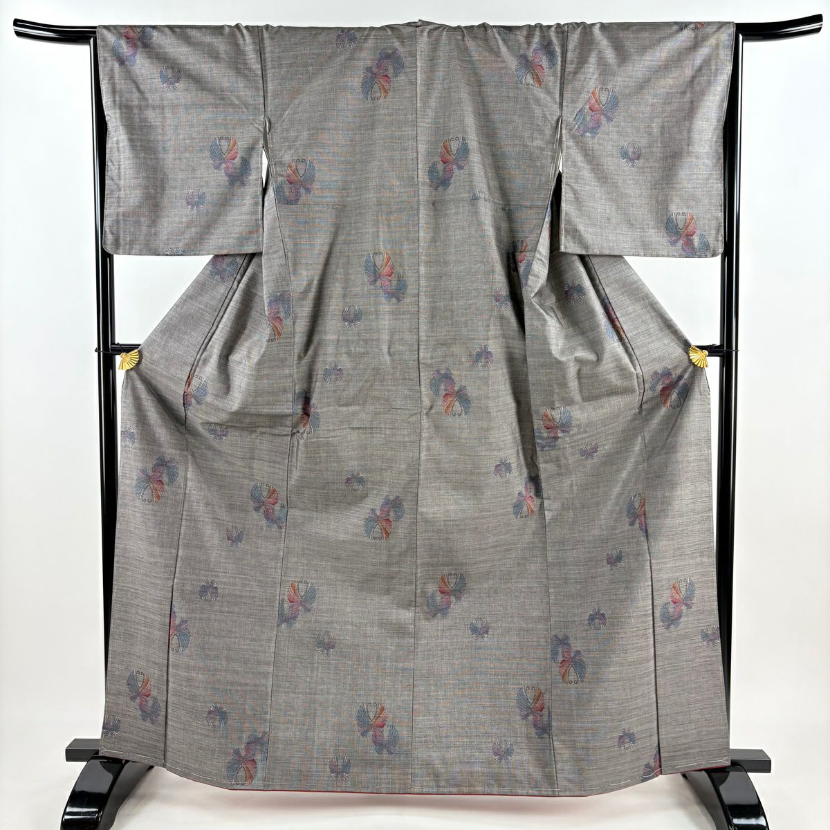 美品】 紬 身丈165cm 裄丈66.5cm M 袷 格子 幾何学 青紫 正絹 秀品