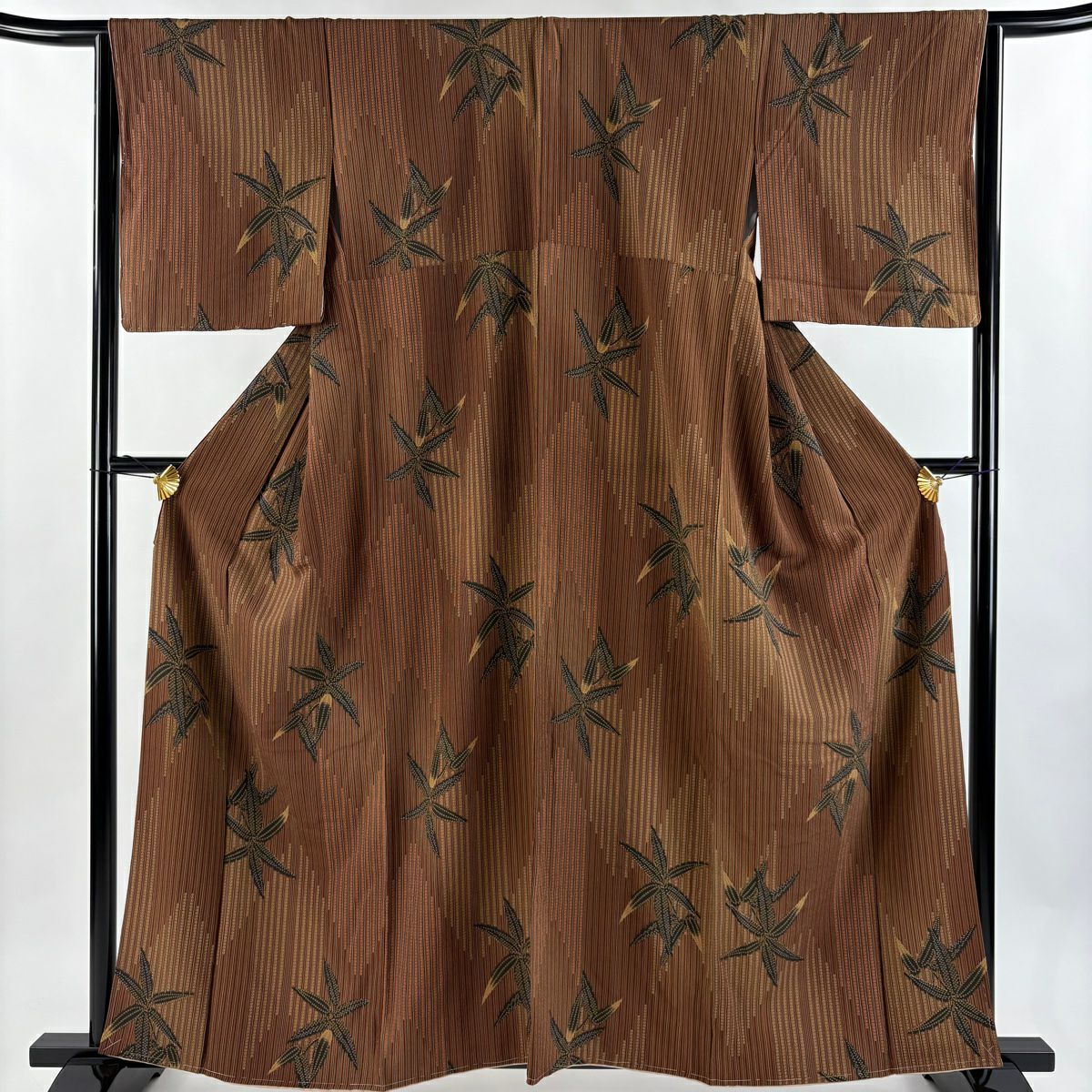 小紋 身丈160.5cm 裄丈66.5cm M 袷 紬地 縦縞 竹縞 薄ピンク 正絹 秀品