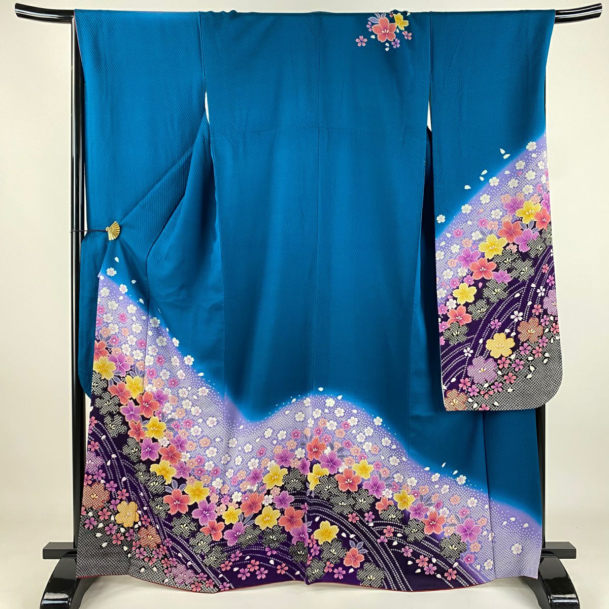 色無地 身丈154cm 裄丈64cm M 袷 地紋 ディスカウント 紺色 正絹 名品