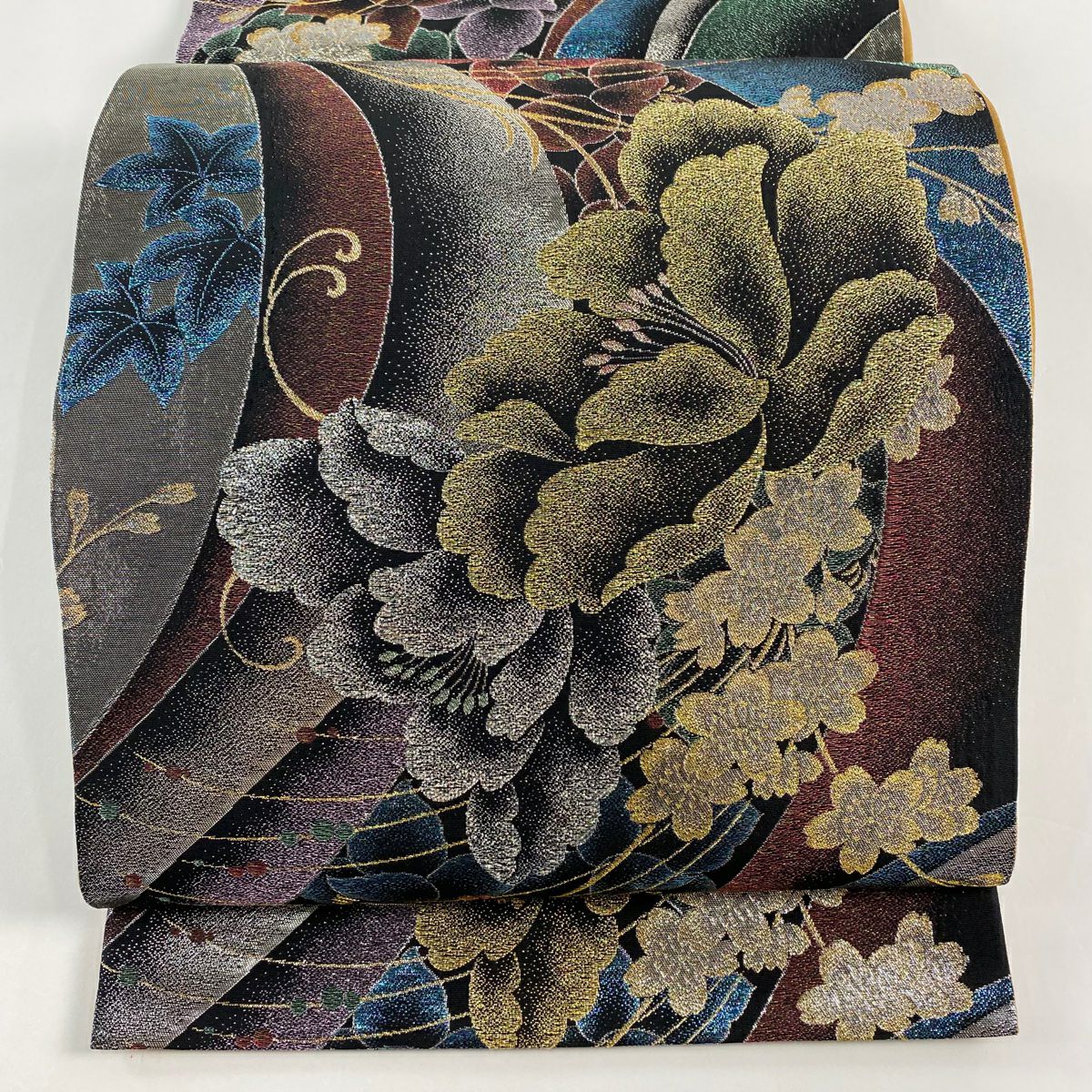50%OFF 【美品】 袋帯 秀品 草木染 草花 蝶 箔 金糸 黒灰 六通 正絹
