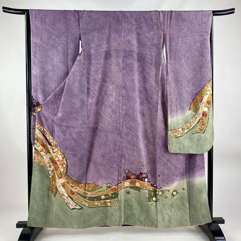 振袖 身丈160cm 裄丈66cm M 袷 熨斗 草花 金彩 紫 正絹 秀品|中古 