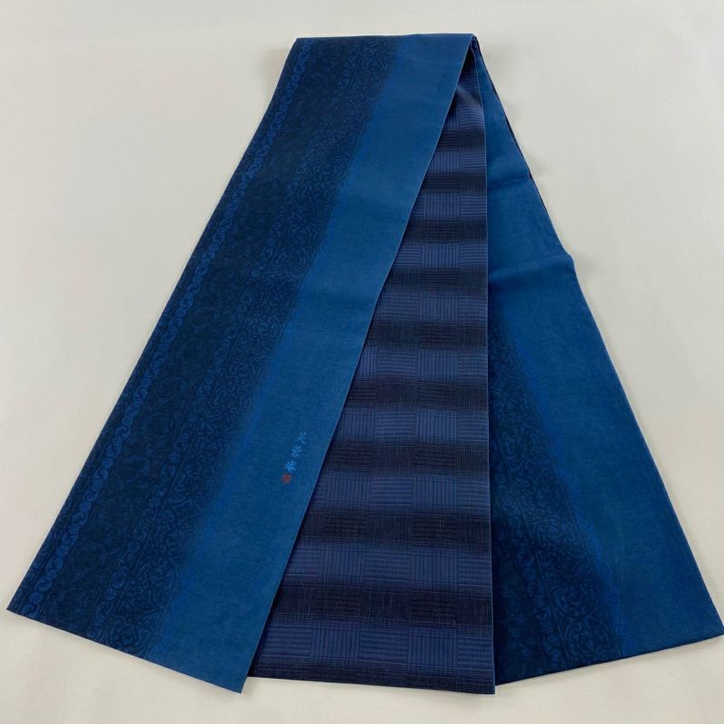 50%OFF 【美品】 袋帯 名品 紬地 縞 花唐草 藍色 全通 正絹 K50｜中古