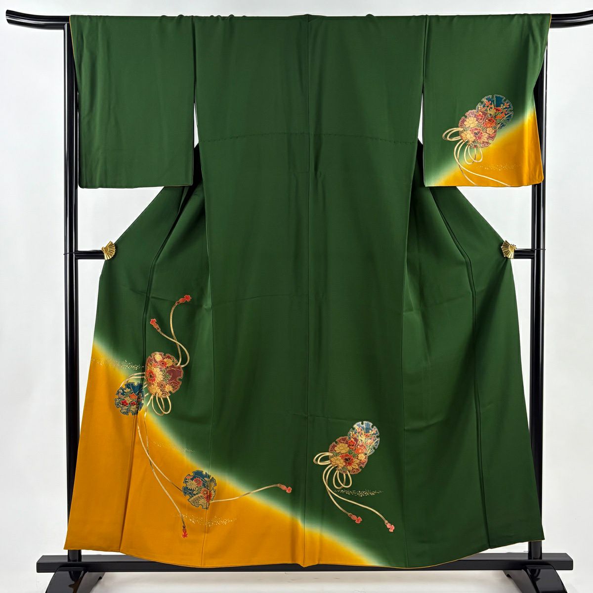 付下げ 身丈160cm 裄丈67.5cm L 袷 雪輪 芝 金糸 金彩 深緑 正絹 優品