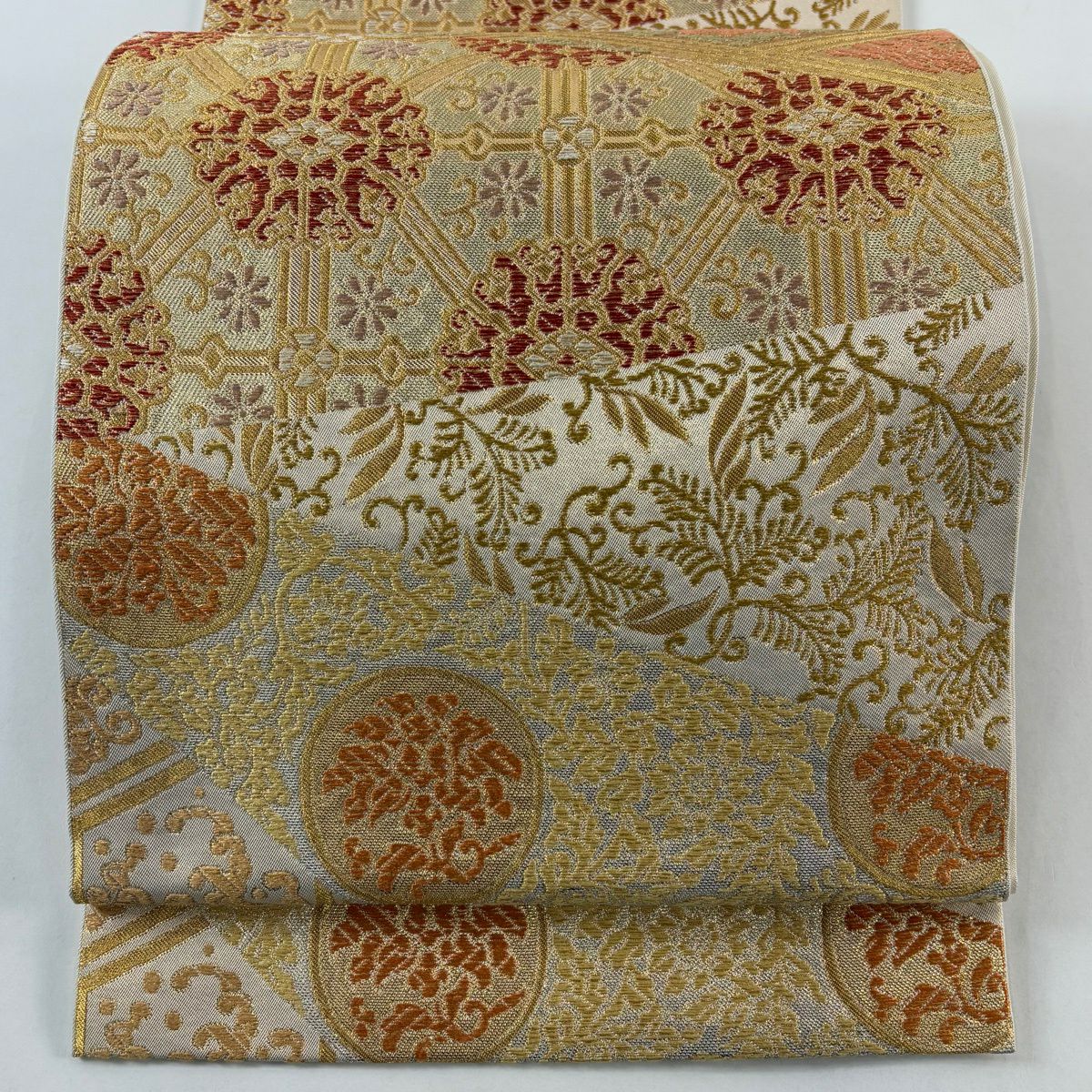 袋帯 逸品 川島織物 落款あり 花鳥 松 金糸 箔 ベージュ 六通 正絹