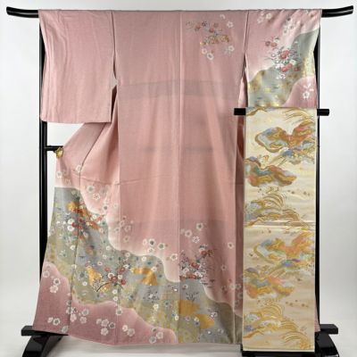 D741＋ D720 訪問着 刺繍 花車 流水 銀彩 正絹 着物 袷 極美品