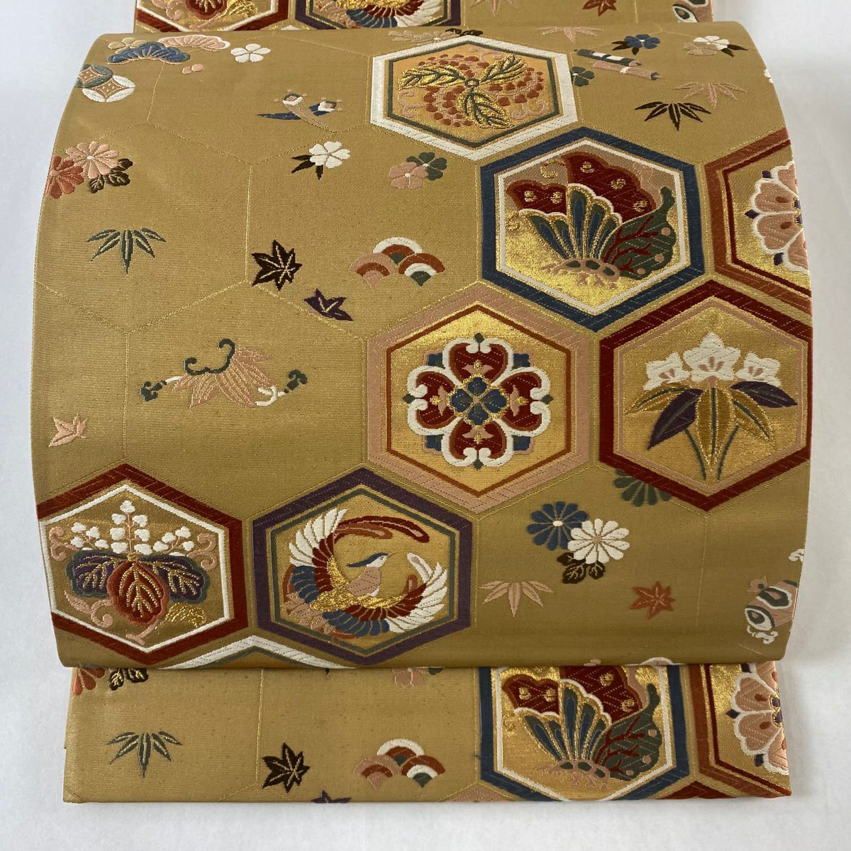 袋帯 美品 秀品 亀甲 花鳥 唐織 金糸 茶色 六通 正絹|中古・古着 