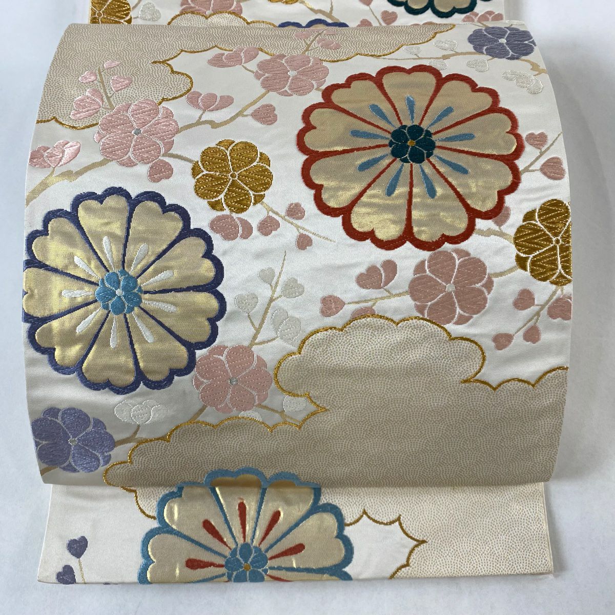 30%OFF 袋帯 美品 秀品 夏帯 紗 花唐草 箔 ベージュ 六通 正絹