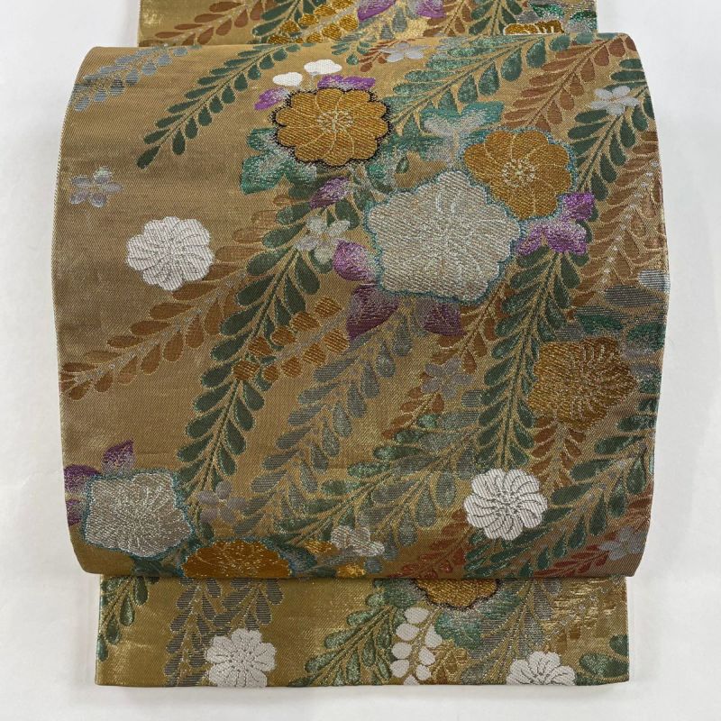 袋帯 美品 秀品 落款あり 辻が花 金糸 箔 茶紫 お太鼓柄 正絹 【中古 