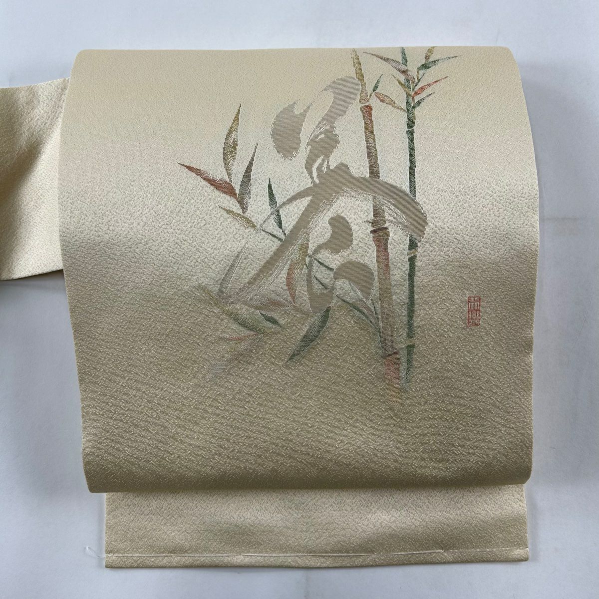 開き名古屋帯 優品 落款あり 短冊 笹 クリーム 正絹｜中古・古着