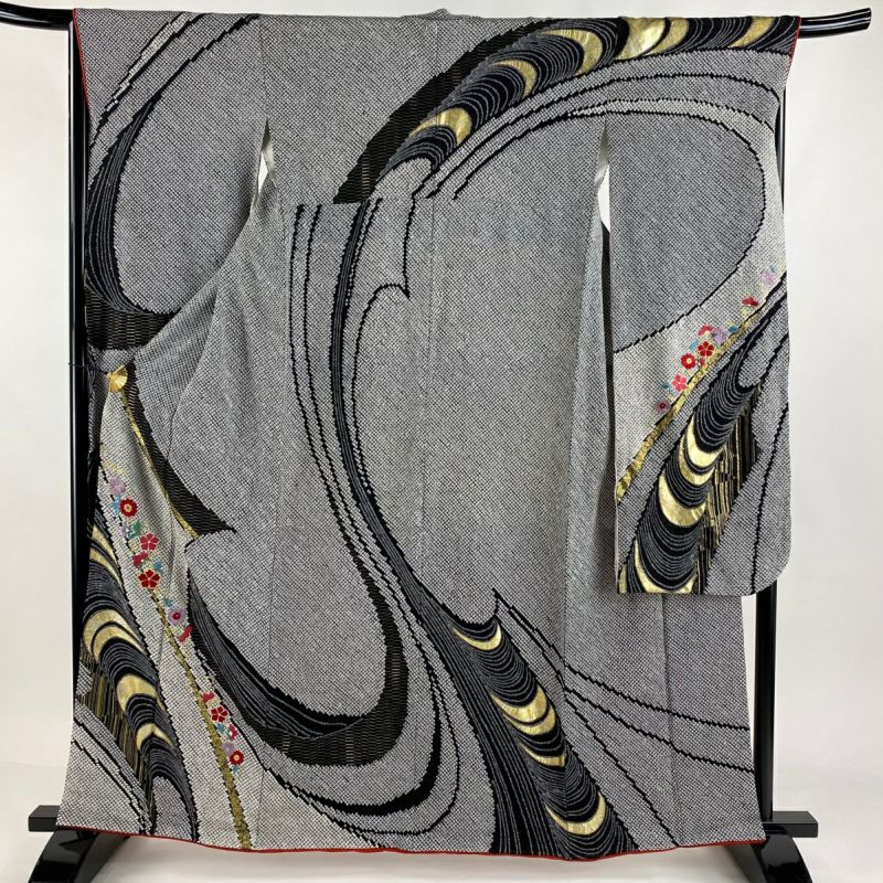 振袖 身丈160.5cm 裄丈66.5cm M 袷 草花 幾何学 刺繍 絞り 黒