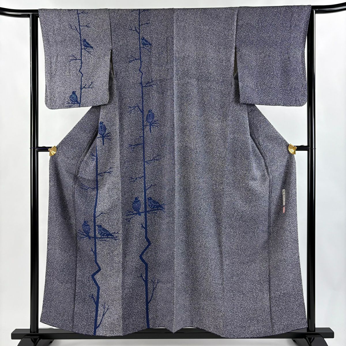 付下げ 身丈157.5cm 裄丈62.5cm S 袷 川村久太郎 落款あり 鳥 枝 紺色
