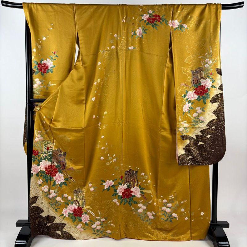 170cm 躾糸付未使用 渋黄色 正絹色留袖 金駒刺繍 LLサイズ l650